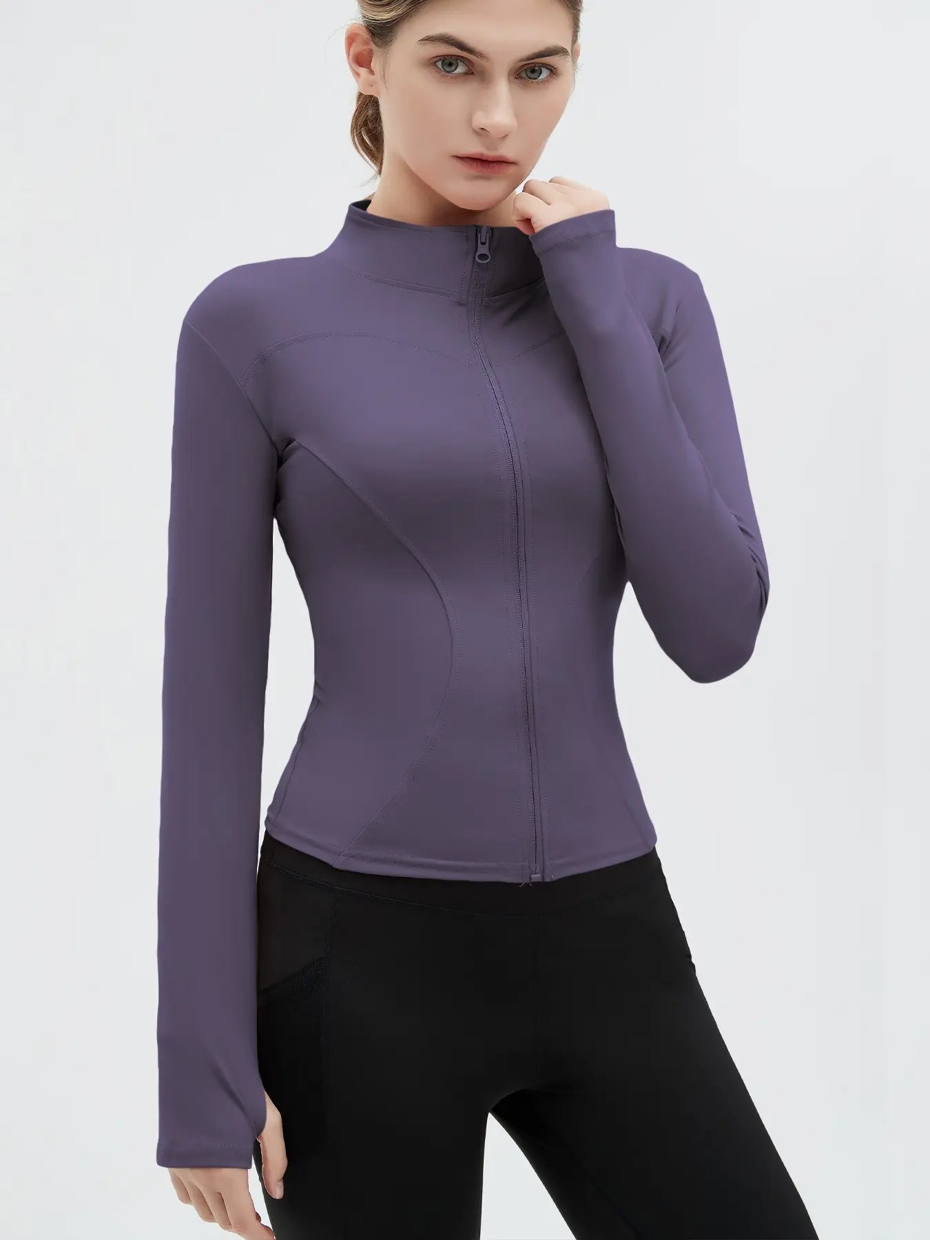 Women'S Thumb Holes Zip up Sports Jacket, Sporty Plain Long Sleeve Tops, Women'S Sportswear for Tennis Pickleball Indoor Outdoor Wear, Sports Outerwear, Zip Front Jacket