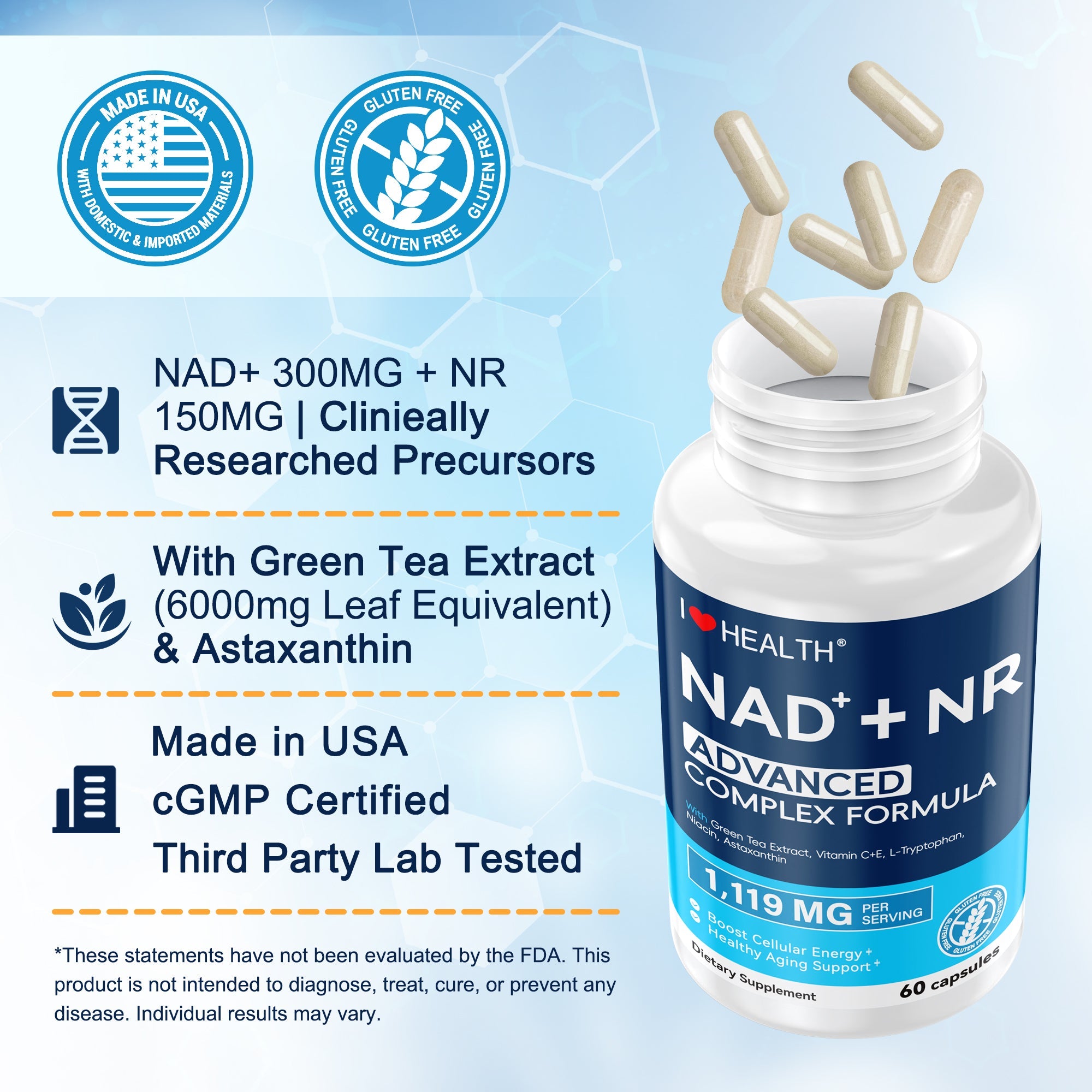 NAD+ Supplement 300mg with NR 150mg — 60 Capsules, Made in USA