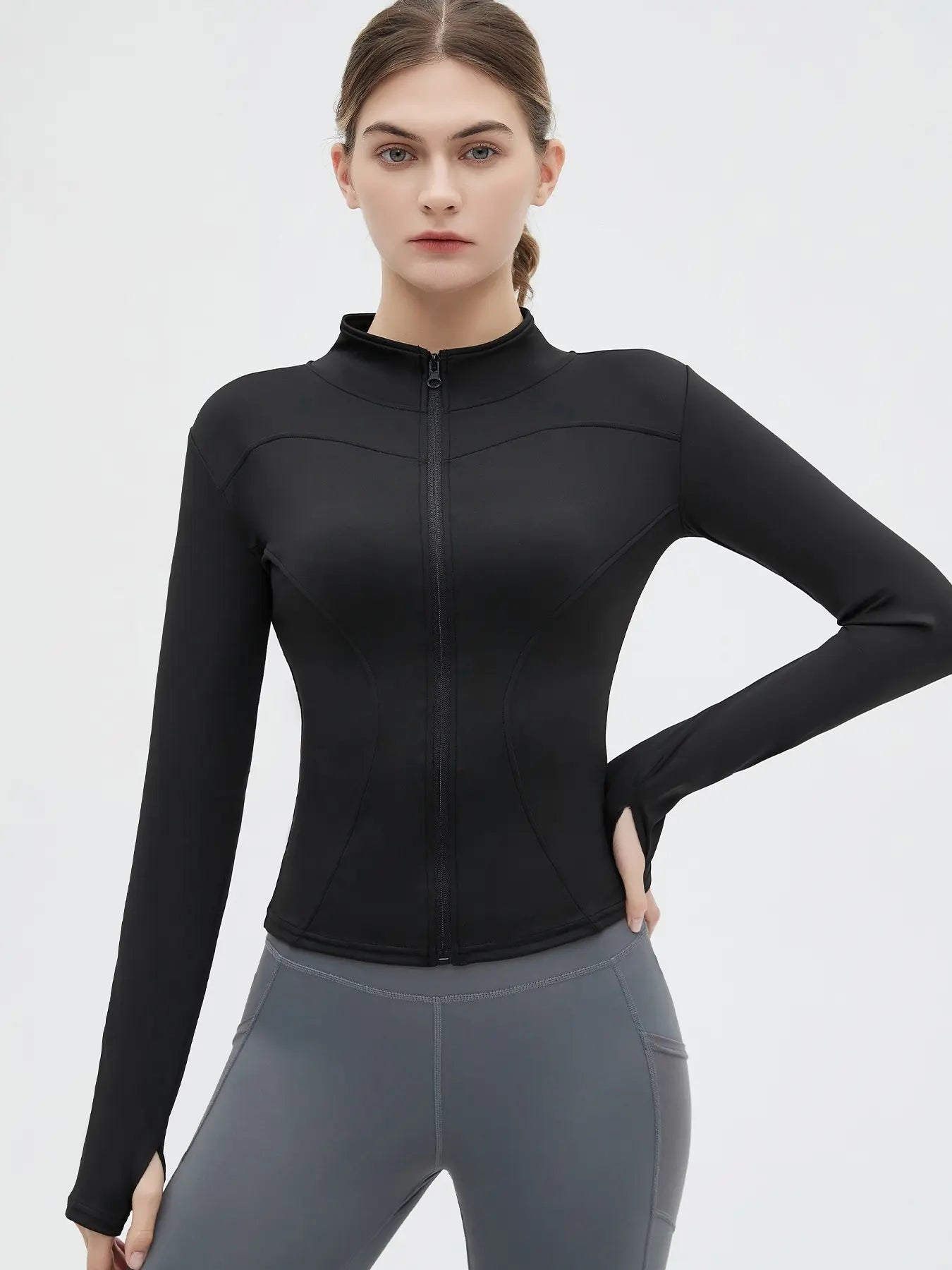 Women'S Thumb Holes Zip up Sports Jacket, Sporty Plain Long Sleeve Tops, Women'S Sportswear for Tennis Pickleball Indoor Outdoor Wear, Sports Outerwear, Zip Front Jacket