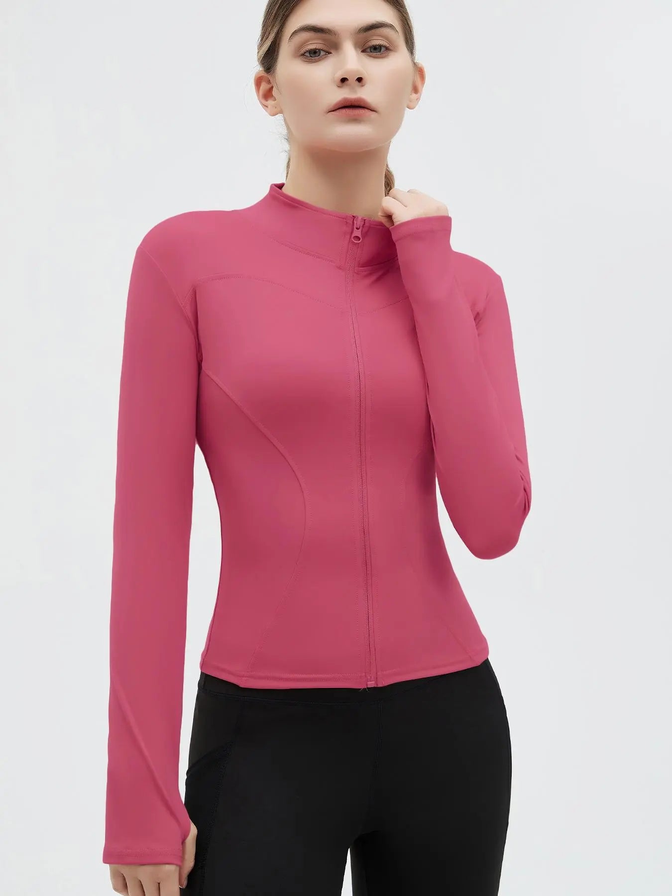 Women'S Thumb Holes Zip up Sports Jacket, Sporty Plain Long Sleeve Tops, Women'S Sportswear for Tennis Pickleball Indoor Outdoor Wear, Sports Outerwear, Zip Front Jacket