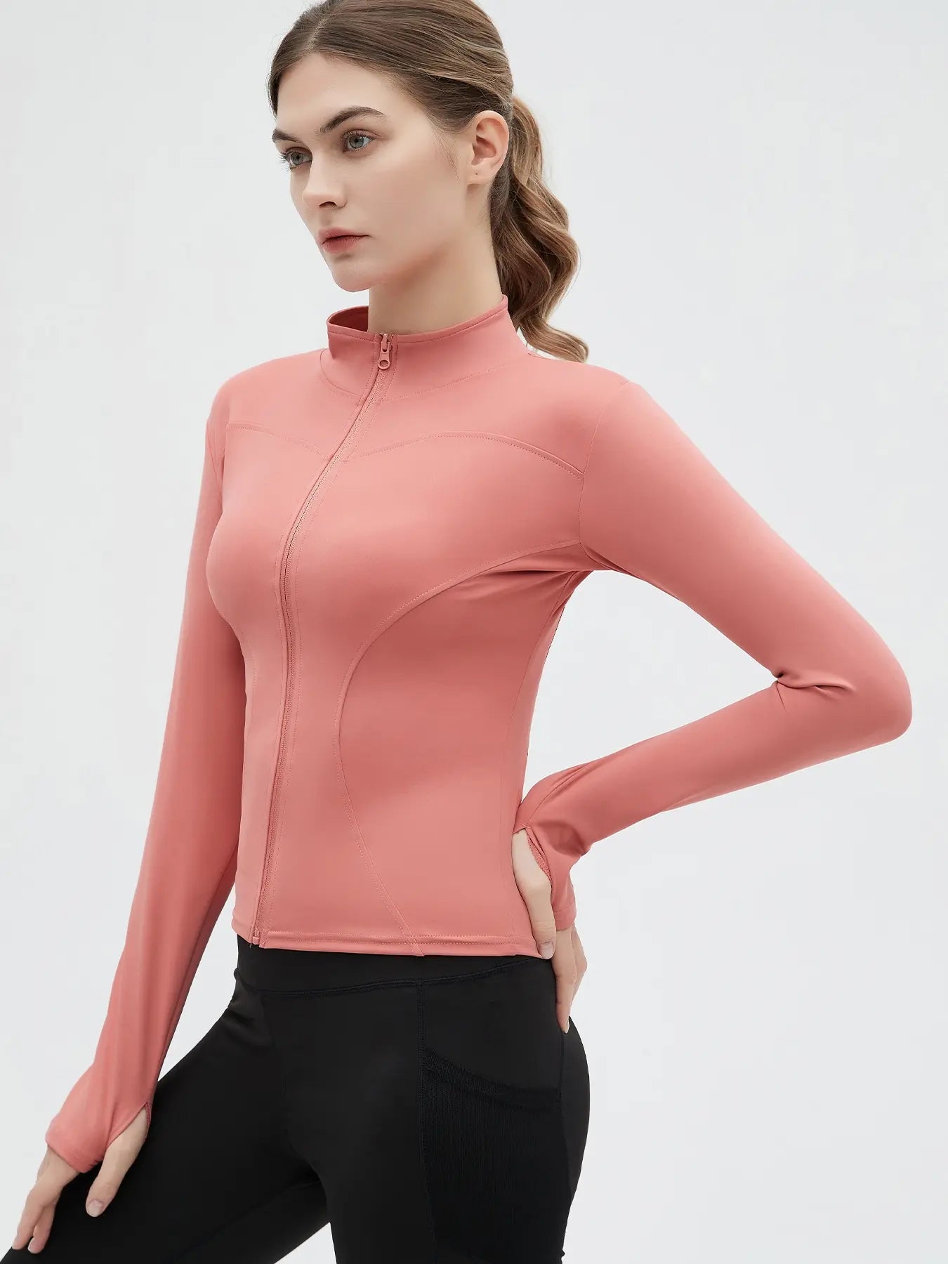 Women'S Thumb Holes Zip up Sports Jacket, Sporty Plain Long Sleeve Tops, Women'S Sportswear for Tennis Pickleball Indoor Outdoor Wear, Sports Outerwear, Zip Front Jacket