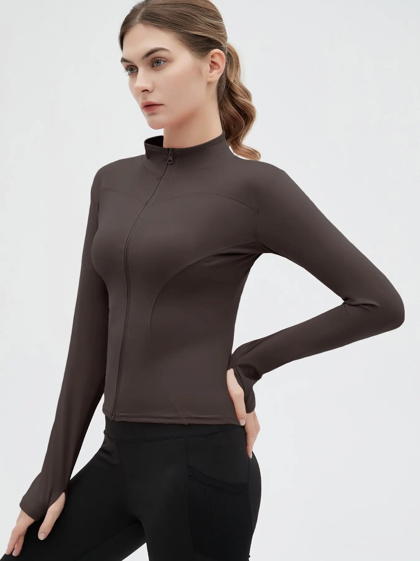 Women'S Thumb Holes Zip up Sports Jacket, Sporty Plain Long Sleeve Tops, Women'S Sportswear for Tennis Pickleball Indoor Outdoor Wear, Sports Outerwear, Zip Front Jacket