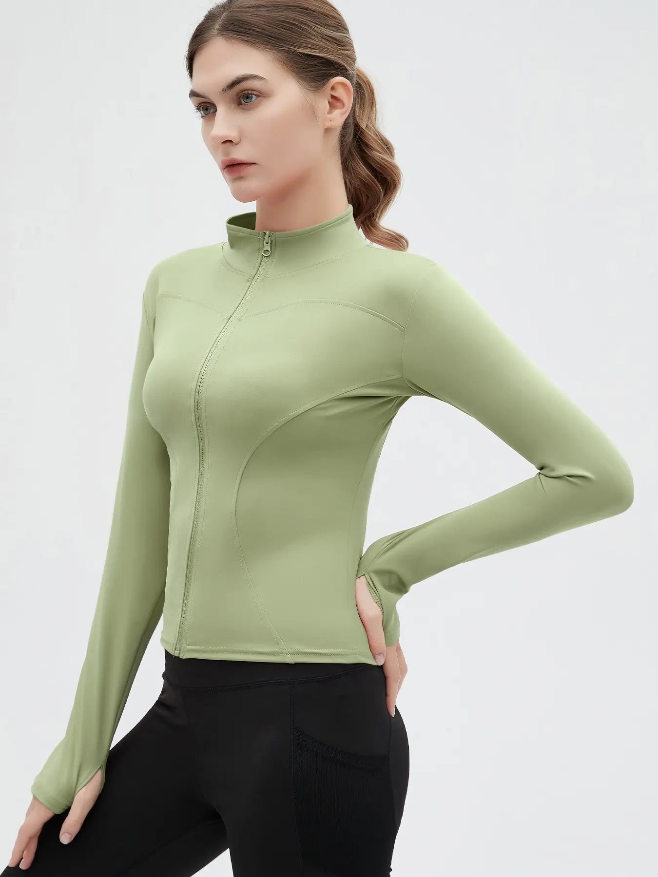 Women'S Thumb Holes Zip up Sports Jacket, Sporty Plain Long Sleeve Tops, Women'S Sportswear for Tennis Pickleball Indoor Outdoor Wear, Sports Outerwear, Zip Front Jacket