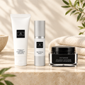 Hydrating Facial Cleanser, Age Defying Serum and Hyaluronic Moisturizer together in a spa setting