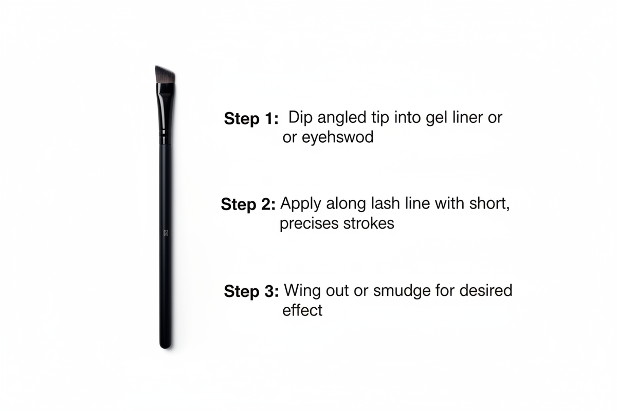Angled Liner Brush 3-step usage instructions infographic