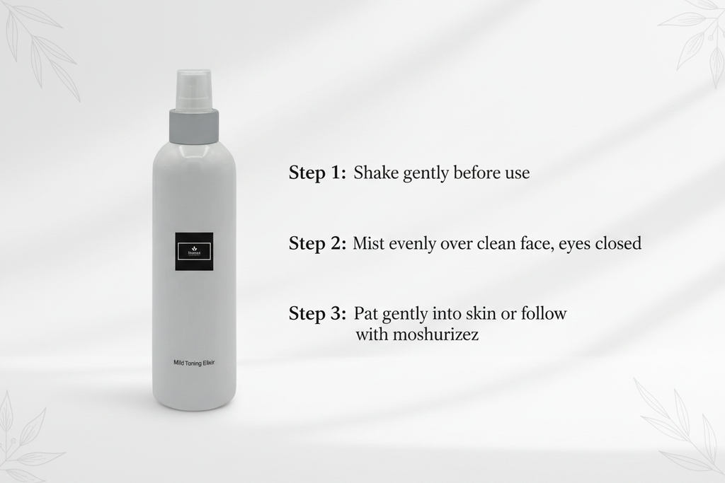 Mild Toning Elixir 3-step usage instructions infographic
