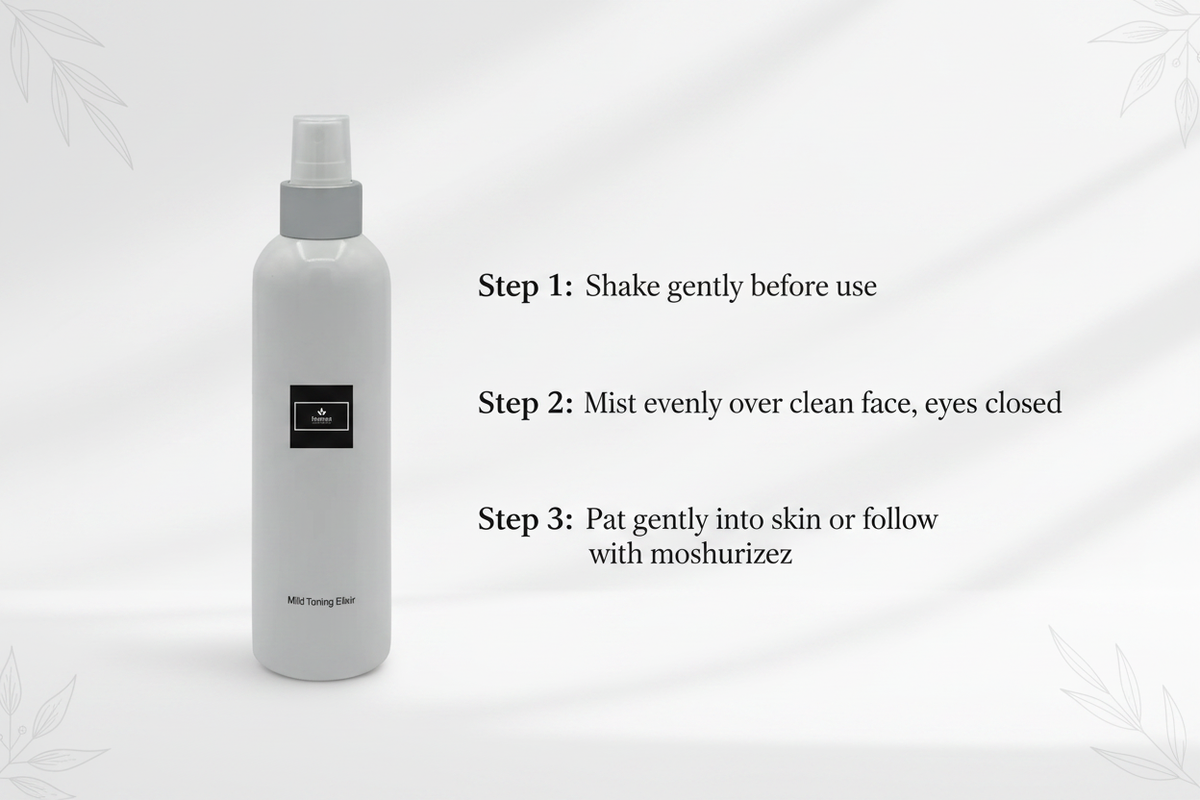 Mild Toning Elixir 3-step usage instructions infographic